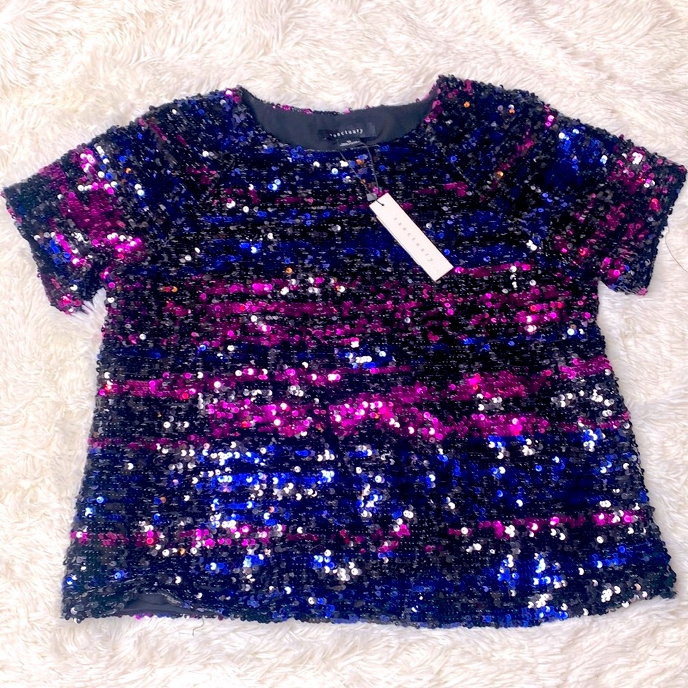 Sanctuary Black Blue Pink Sequined Sienna Mix Short Sleeve Top Size X-Small